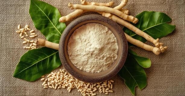 ashwagandha-powder-and-roots-with-leaves-on-burlap-ayurvedic-health-supplement-photo