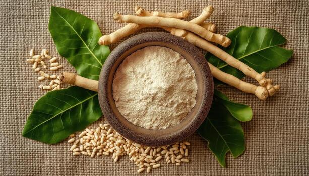 ashwagandha-powder-and-roots-with-leaves-on-burlap-ayurvedic-health-supplement-photo